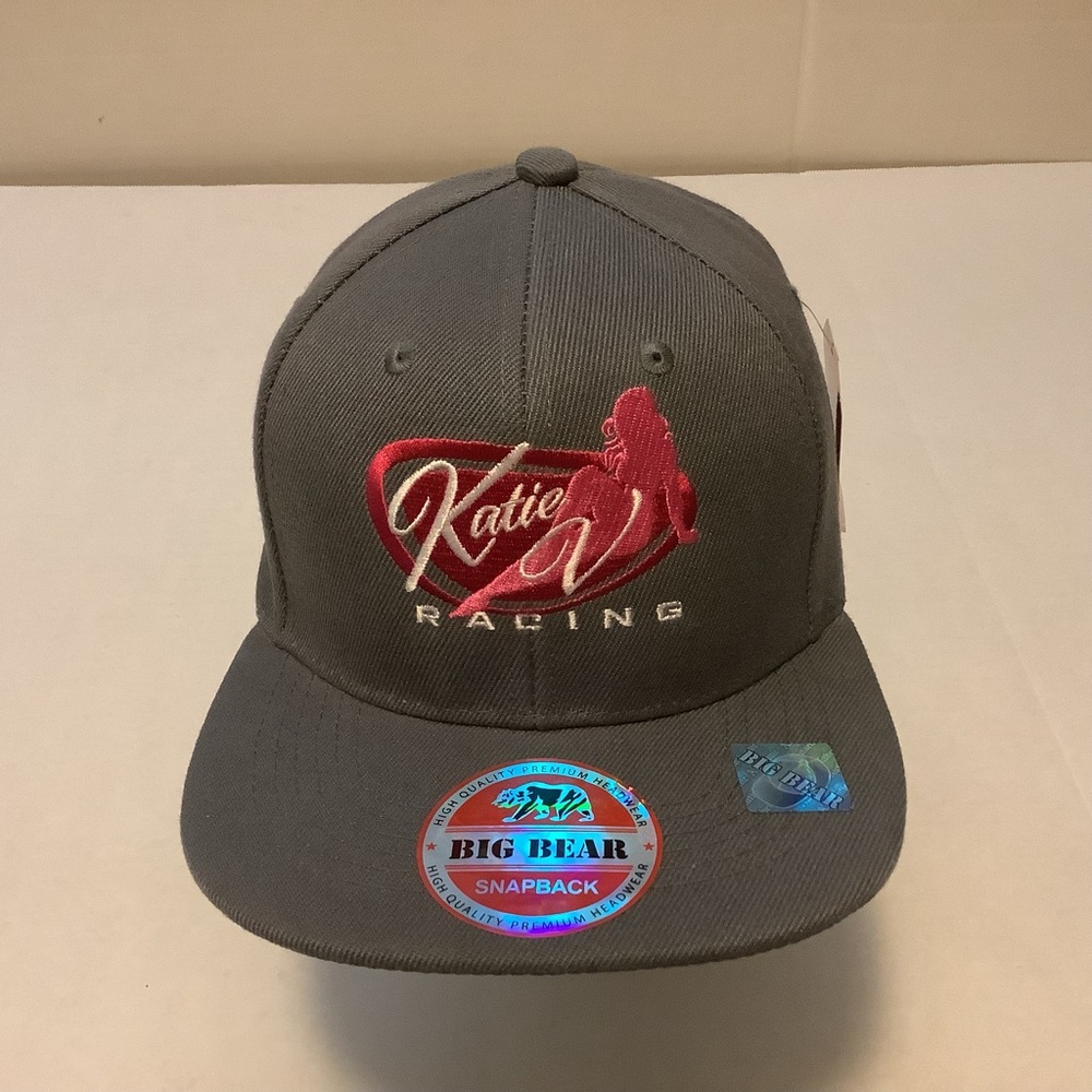 Katie V Racing Big Bear SnapBack Hat Premium Headwear Gray Pink White Embroidery